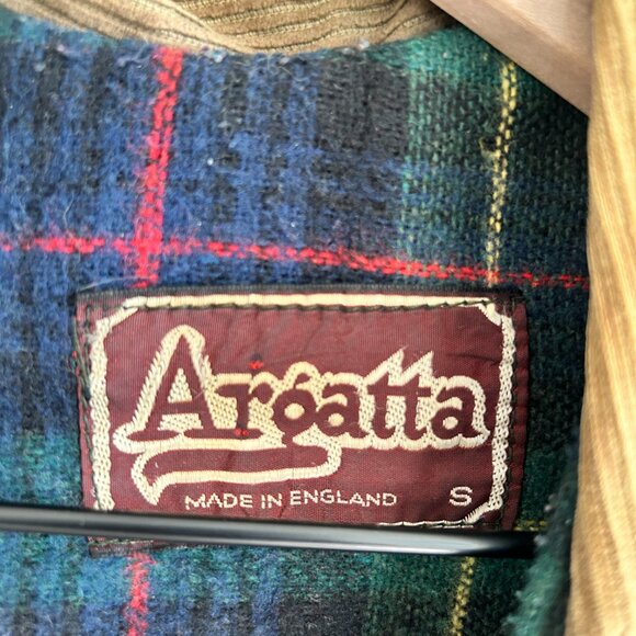 Vtg Argatta Wax Cloth Jacket S Brown Plaid Wool Lined Corduroy Collar Chore - Picture 15 of 16